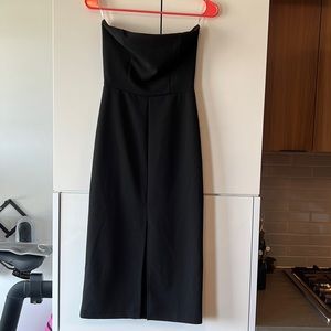 Black strapless midi dress with front slit